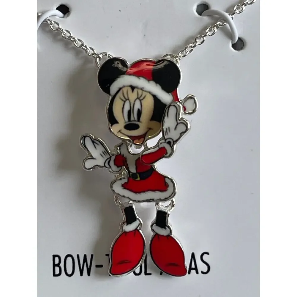 Disney Minnie Mouse Moveable Silver Plated Bow Tiful Xmas Christmas Necklace NEW
